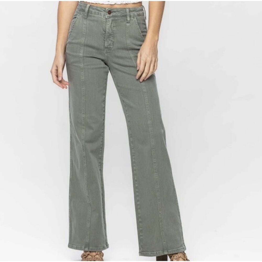 JUDY BLUE Garnent Dyed Sage/olive Front Seam Straight Fit High Rise Jeans 31